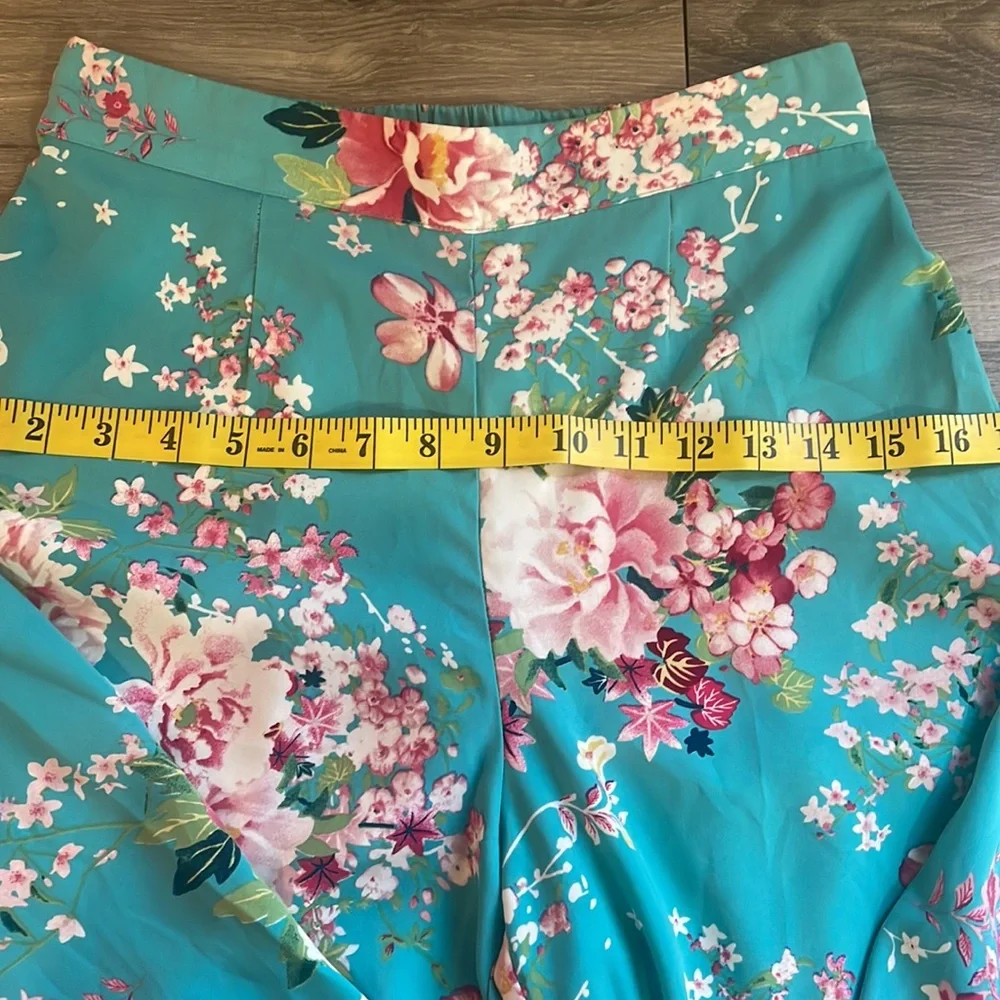 Cherry Blossom turquoise,blue Kimono high waisted wide leg pants,small,floral - Picture 7 of 13